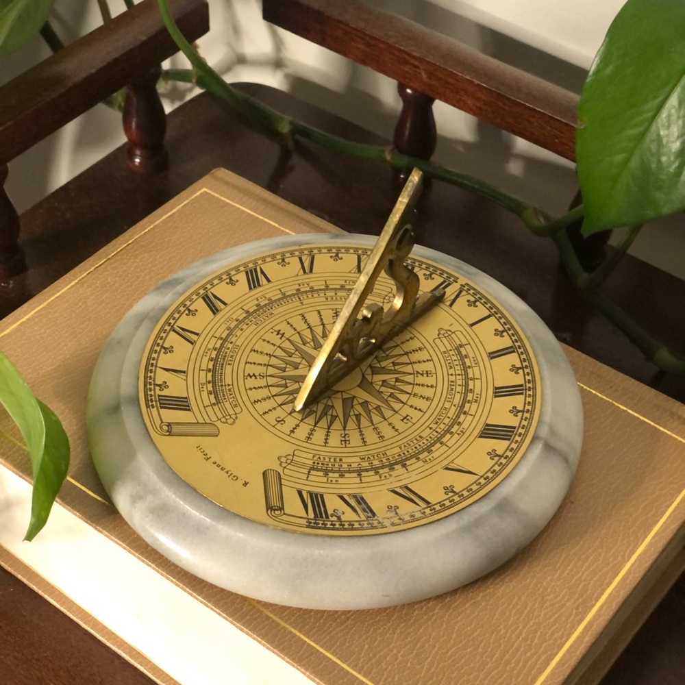Vintage Brass & White Marble Tabletop Sundial Compass Decor R. Glynne